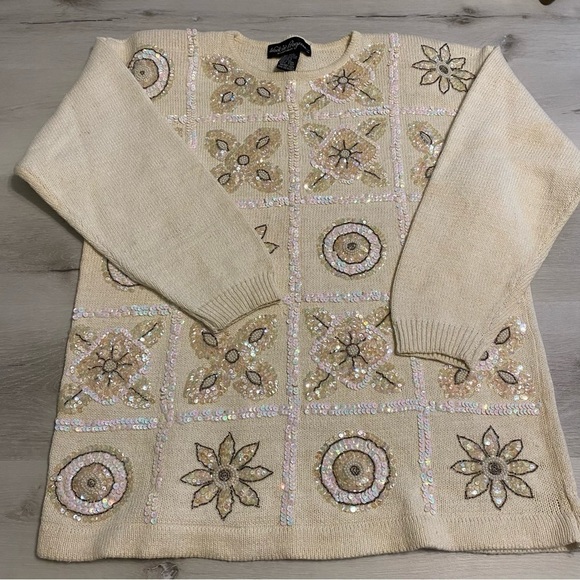 Vintage Work In Progress Ivory Sequin Beaded Cotton Blend Crewneck Sweater, M - Picture 2 of 10